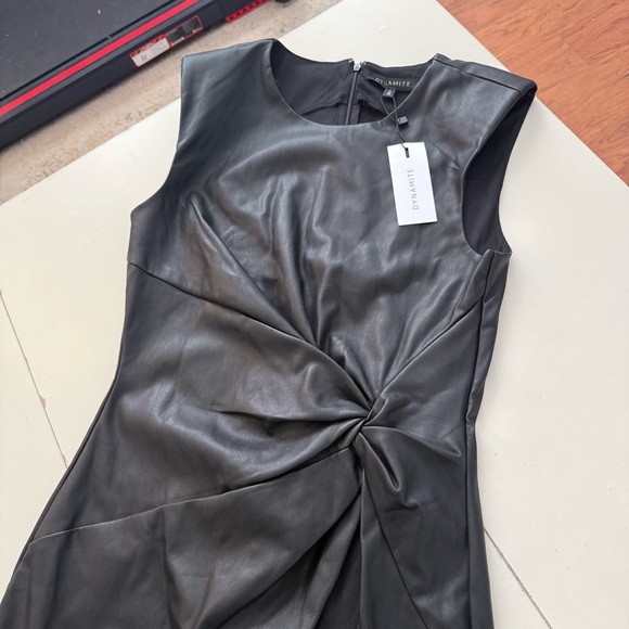 Dynamite NWT Baddie Black Faux Leather Twist Front Mini Dress Edgy Moto Grunge - Picture 2 of 6